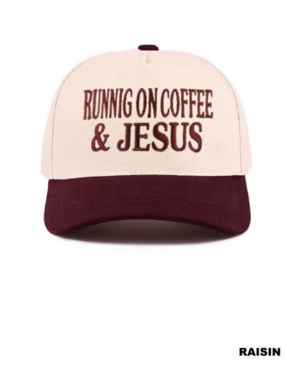 "Running on Coffee & Jesus" Two-Tone Trucker Hat - Raisin/Off-White